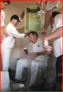 England players help Michael Atherton celebrate, Adelaide Test, Australia.