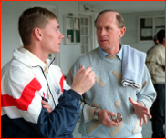 Richard Blakey listens to Geoffrey Boycott in India