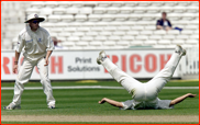 Ally Brown watches Ian Ward adopt a new fielding position