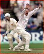 Steve Elworthy appeals for the lbw of Michael Vaughan