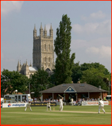 Mark Hardinges bats in front  off Gloucester Cathedral