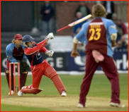 Brad Hodge (literally) throws the bat at an Ant Botha ball