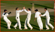 Celebrations after captain Mark Butcher is run out