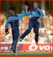 Ian Salisbury celebrates the wicket of Sussex's Yasir Arafat