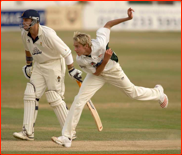 Stuart Broad bowls past Steve Stubbings