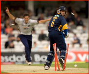 Michael Lumb is bowled by Jade Dernbach