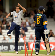 Michael Lumb is bowled by Jade Dernbach