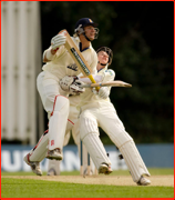 Batsmen Ant Botha & Tom Poynter collide, Southgate, England.