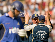 Robert Key celebrates the run out of Martin-Jenkins