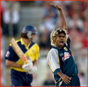 Lasith Malinga appeals and Jon Lewis is lbw