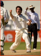 Jon Lewis celebrates the lbw of David Sales