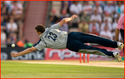 Bowler Ryan McLaren tries to stop a Tyron Henderson shot