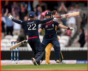 Claire Taylor and Beth Morgan celebrate the win, England v Australia at The Oval.