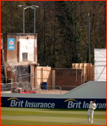 The demolished pavilion end during the match v Yorkshire