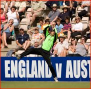 Matt Spriegel 'catches'  Jimmy Adams (on 99) off a no ball