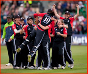 England celebrate, T20 v Australia, Bristol, 2011.