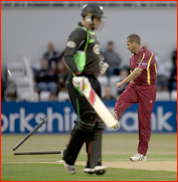 Andrew Hall kicks the stumps over during an expensive spell