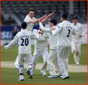 Bowler Toby Roland-Jones celebrates, v Surrey, 2012