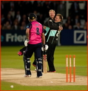 Gareth Berg is bowled by Gareth Batty (+ Jason Roy)