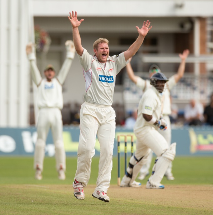 Michael Carberry out lbw to Matthew Hoggard, 2012