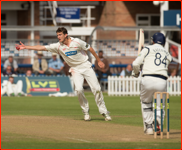 Bowler Alex Wyatt fields off David Balcombe, 2012