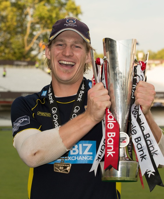 Captain Jimmy Adams lifts the CB40 trophy, 2012