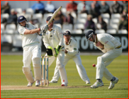 Joe Root (182) hits Durham close fielder Keaton Jennings