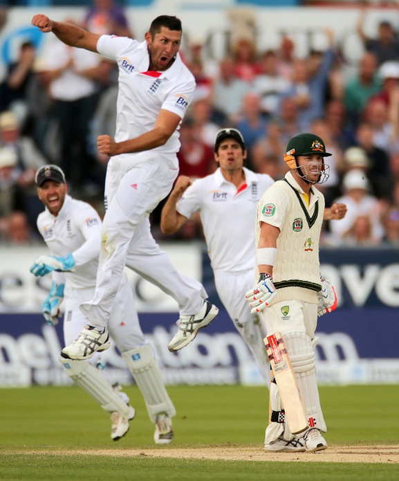 Tim Bresnan celebrates removing David Warner, 2013