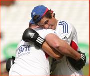 Captain Alastair Cook boxes during net practice at the Oval