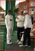 Captain Marcus Trescothick (+ umpires Hartley & Llong)