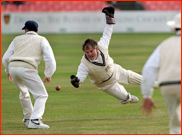 Stand-in wicket keeper Mike Gatting drops James Whitaker