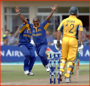 Sanath Jayasuriya celebrates taking Michael Bevan's wicket.