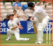 Slip fielder Jason Laney stops an edge that dropped short