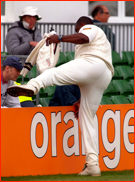 Injured bowler David Lawrence leaves the field