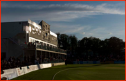 The newly refurbished Leslie Ames stand and scoreboard