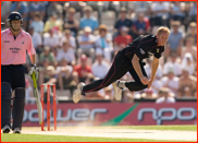 Shaun Pollock bowls past Ed Joyce