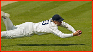 Slip fielder Matt Prior catches Ben Phillips