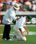 Tim Robinson gets a helping hand from umpire Jackie Bond