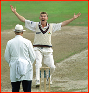 Chris Schofield appeals in vain to umpire Nigel Plews