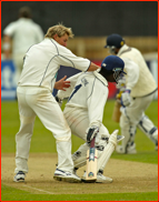 Bowler Shane Warne lunges at opposing captain Mark Alleyne