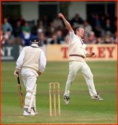 Vince Wells celebrates the lbw of Keith Dutch