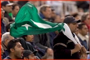 Pakistan supporters watch as Shahid Afridi is stumped.