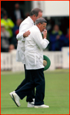 Darrell Hair consoles Dickie Bird during his last Test, Lord's.