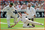 Mike Gatting after being hit by a Malcolm Marshall delivery, Barbados, West Indies.