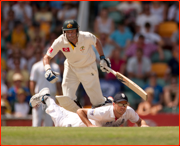 Michael Hussey past James Anderson, Brisbane.