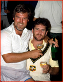 Mike Gatting sits on Allan Border's lap after winning the Ashes, Melbourne.